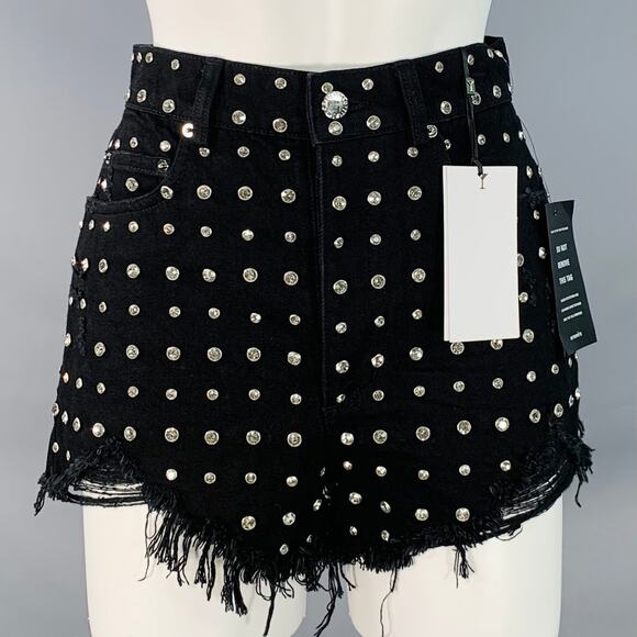 Angel Black Denim Twill Crystal Studded Distressed Button Fly Mini Shorts - Picture 1 of 7
